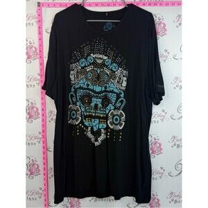 T-shirt skull studded gold Black Short-Sleeve Graphic Tee with Teal Aztec Motif